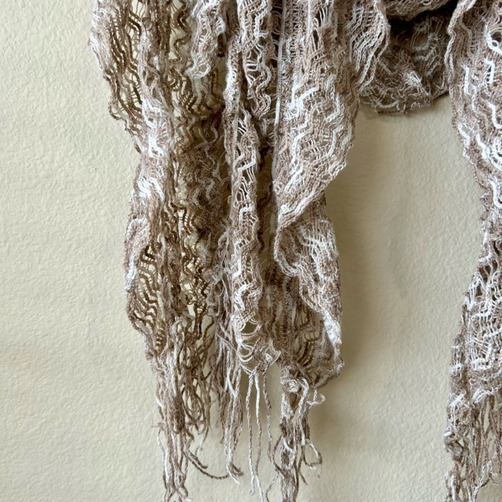 Cream and Tan Scarf Crochet Looseweave Fringe Soft 18" wide x 80" long - Picture 8 of 16